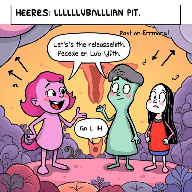 A comic panel featuring anthropomorphized hormones: Estrogen and Progesterone, depicted as two friendly, cartoonish characters, and GnRH and LH as their counterparts