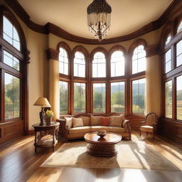 A grand, warm living room with tasteful furniture and decor. Sun rays are entering through the large windows on the well-polished wooden floor.