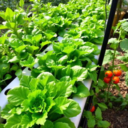 A lush hydroponic garden featuring vibrant green lettuce, spinach, and tomato plants growing healthily