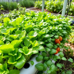A lush hydroponic garden featuring vibrant green lettuce, spinach, and tomato plants growing healthily