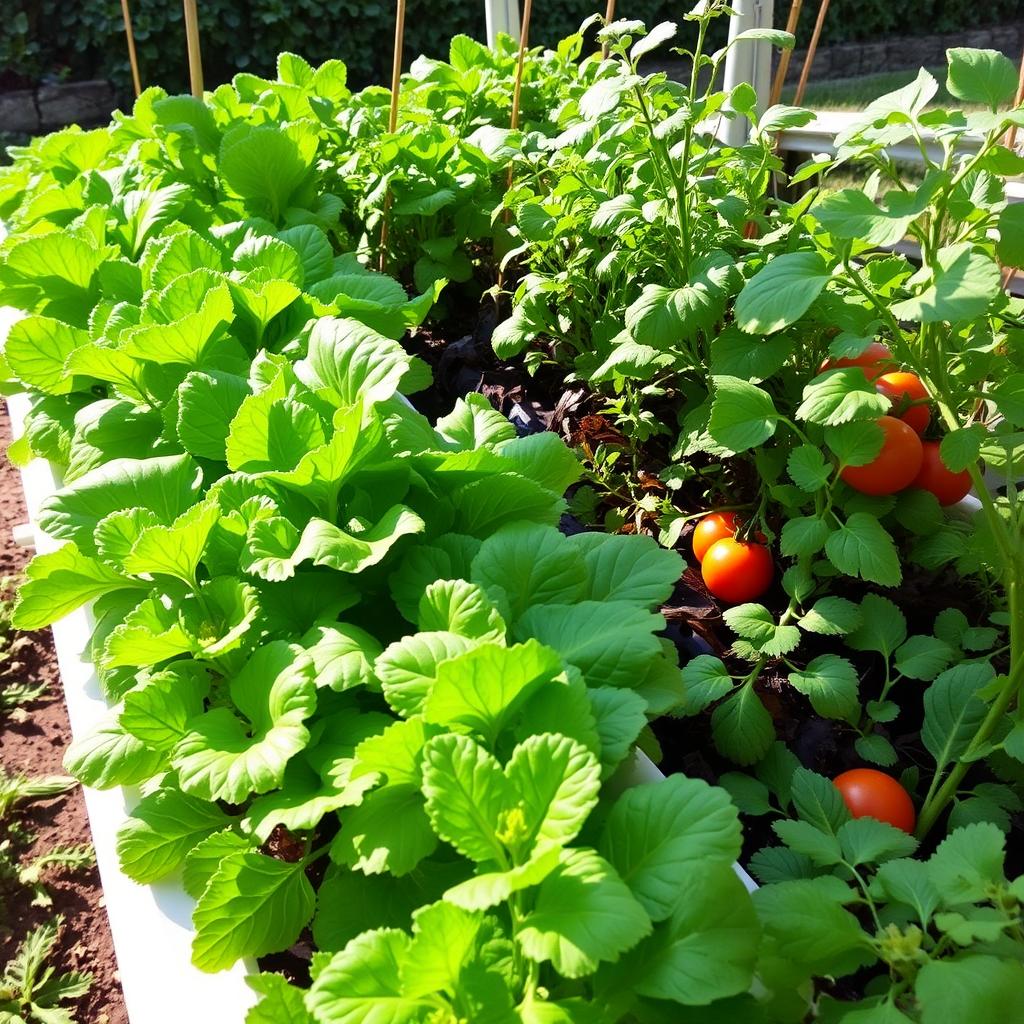 A lush hydroponic garden featuring vibrant green lettuce, spinach, and tomato plants growing healthily