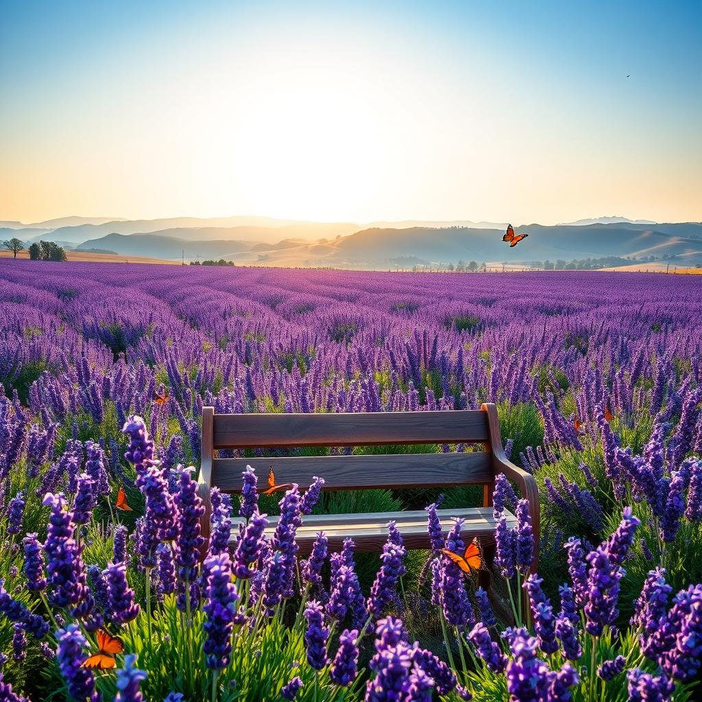 A serene landscape featuring a vast field of lavender flowers under a clear blue sky
