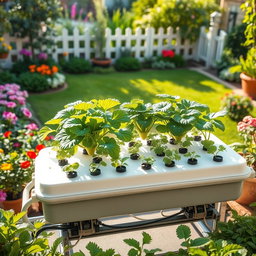 A vibrant hydroponic garden display featuring lush green plants thriving in a well-organized hydroponic system, with various vegetables and herbs growing in an elegant setup