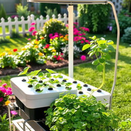 A vibrant hydroponic garden display featuring lush green plants thriving in a well-organized hydroponic system, with various vegetables and herbs growing in an elegant setup