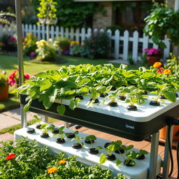 A vibrant hydroponic garden display featuring lush green plants thriving in a well-organized hydroponic system, with various vegetables and herbs growing in an elegant setup