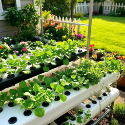 A vibrant hydroponic garden display featuring lush green plants thriving in a well-organized hydroponic system, with various vegetables and herbs growing in an elegant setup