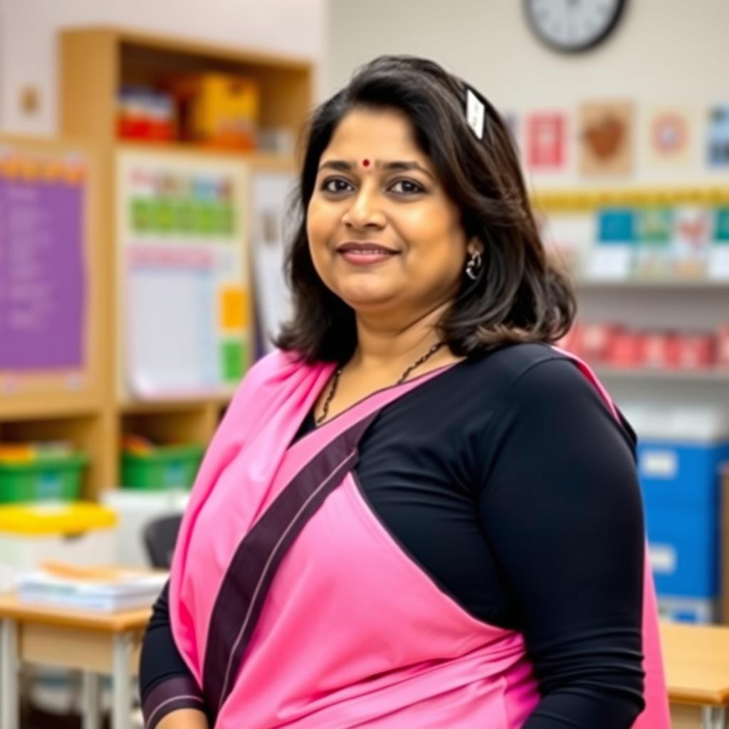 A South Indian school teacher in a pink saree paired with a black blouse, around 39 to 40 years old, showcasing an elegant and professional appearance