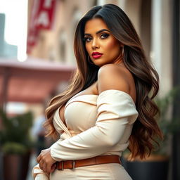 A close-up shot of a beautiful, curvaceous woman with striking features, showcasing her voluptuous figure in a stylish, elegantly designed outfit