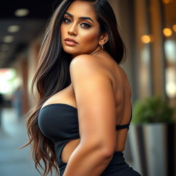 A close-up shot of a beautiful, curvaceous woman with striking features, showcasing her voluptuous figure in a stylish, elegantly designed outfit