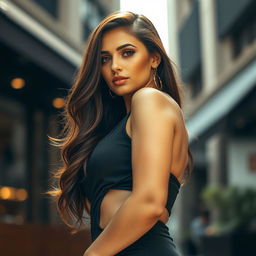 A close-up shot of a beautiful, curvaceous woman with striking features, showcasing her voluptuous figure in a stylish, elegantly designed outfit