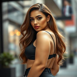 A close-up shot of a beautiful, curvaceous woman with striking features, showcasing her voluptuous figure in a stylish, elegantly designed outfit