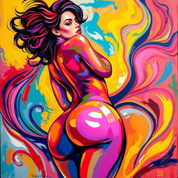 A vibrant and colorful painting of the female form in a confident and artistic pose, emphasizing curvaceous shapes and sensual features