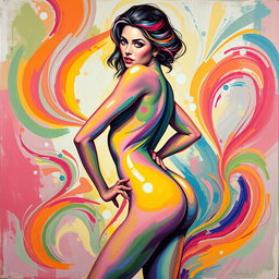A vibrant and colorful painting of the female form in a confident and artistic pose, emphasizing curvaceous shapes and sensual features