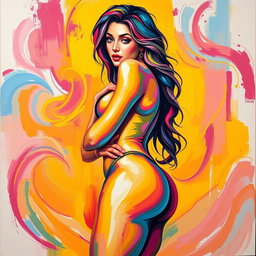 A vibrant and colorful painting of the female form in a confident and artistic pose, emphasizing curvaceous shapes and sensual features