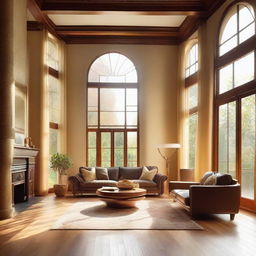 A grand, warm living room with tasteful furniture and decor. Sun rays are entering through the large windows on the well-polished wooden floor.