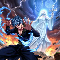 An intense battle scene featuring Jellal Fernandes from Fairy Tail, depicted with his signature blue hair, wearing his traditional dark attire, showcasing powerful magic and a determined expression