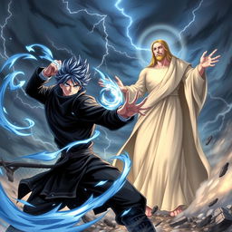 An intense battle scene featuring Jellal Fernandes from Fairy Tail, depicted with his signature blue hair, wearing his traditional dark attire, showcasing powerful magic and a determined expression