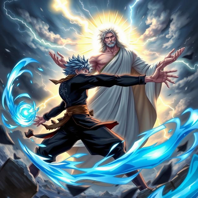 An intense battle scene featuring Jellal Fernandes from Fairy Tail, depicted with his signature blue hair, wearing his traditional dark attire, showcasing powerful magic and a determined expression