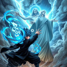 An intense battle scene featuring Jellal Fernandes from Fairy Tail, depicted with his signature blue hair, wearing his traditional dark attire, showcasing powerful magic and a determined expression