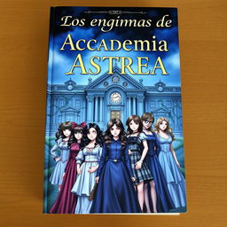 A captivating book cover for a novel titled 'Los enigmas de la Academia Astrea', featuring a diverse group of eight girls, each with unique styles and expressions, gathered around an ancient, mysterious academy building
