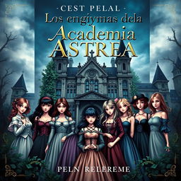 A captivating book cover for a novel titled 'Los enigmas de la Academia Astrea', featuring a diverse group of eight girls, each with unique styles and expressions, gathered around an ancient, mysterious academy building