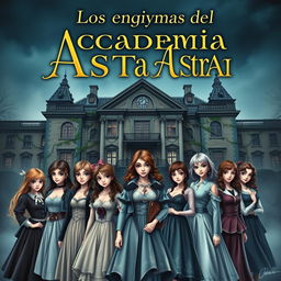 A captivating book cover for a novel titled 'Los enigmas de la Academia Astrea', featuring a diverse group of eight girls, each with unique styles and expressions, gathered around an ancient, mysterious academy building