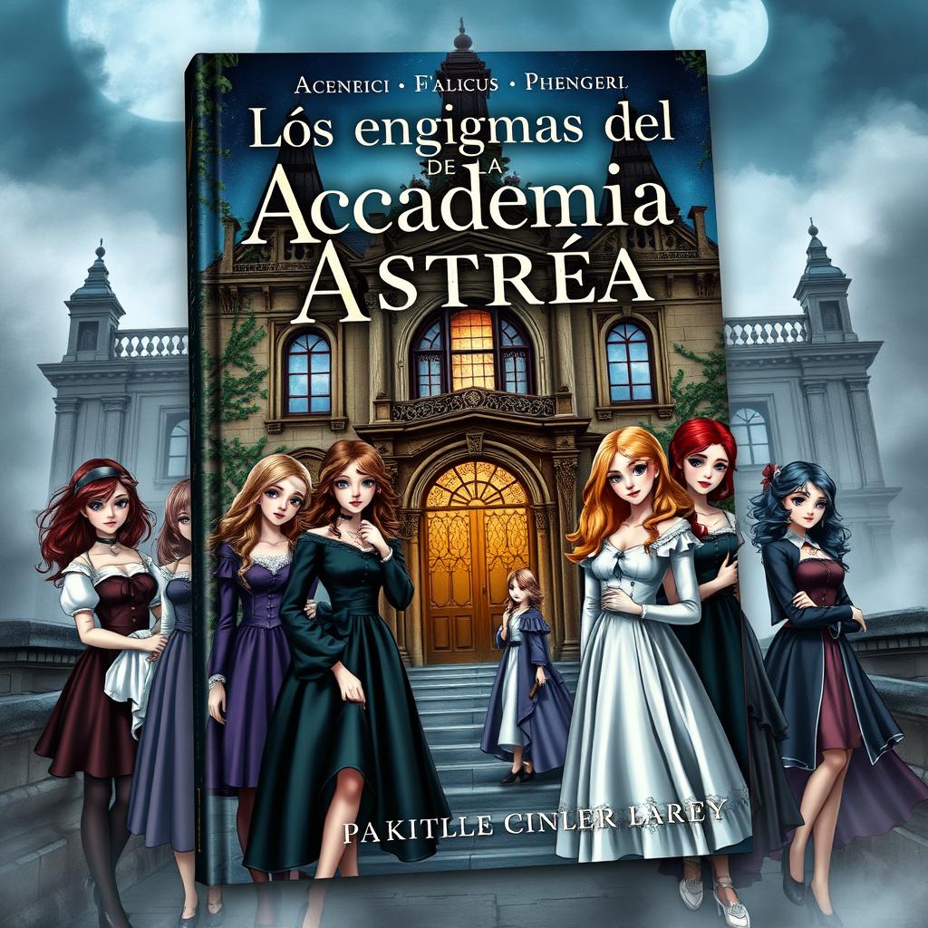 A captivating book cover for a novel titled 'Los enigmas de la Academia Astrea', featuring a diverse group of eight girls, each with unique styles and expressions, gathered around an ancient, mysterious academy building