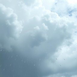 A serene sky filled with fluffy, textured clouds in various shades of gray and blue, with delicate raindrops cascading down that catch the light and reflect soft tones of pastel colors like pink, lavender, and mint green