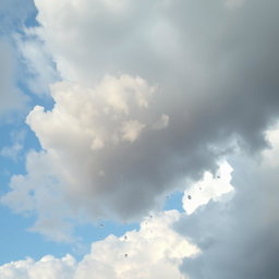 A serene sky filled with fluffy, textured clouds in various shades of gray and blue, with delicate raindrops cascading down that catch the light and reflect soft tones of pastel colors like pink, lavender, and mint green