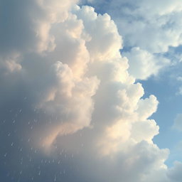 A serene sky filled with fluffy, textured clouds in various shades of gray and blue, with delicate raindrops cascading down that catch the light and reflect soft tones of pastel colors like pink, lavender, and mint green