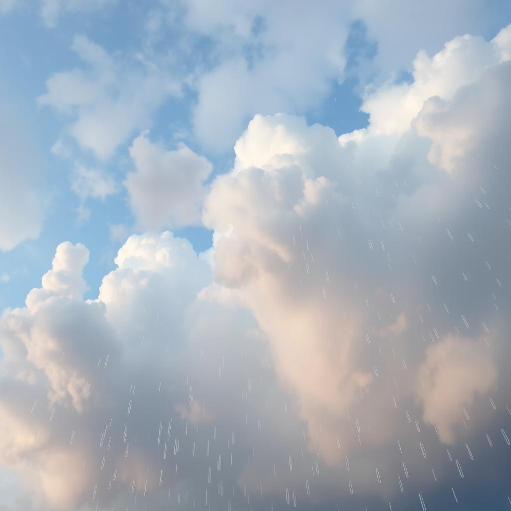 A serene sky filled with fluffy, textured clouds in various shades of gray and blue, with delicate raindrops cascading down that catch the light and reflect soft tones of pastel colors like pink, lavender, and mint green