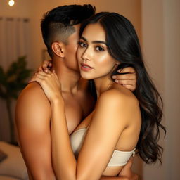 A 39-year-old Indonesian man with pure white skin is gently hugging a beautiful 28-year-old woman from behind, kissing her cheek with affection