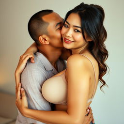 A 39-year-old Indonesian man with pure white skin is gently hugging a beautiful 28-year-old woman from behind, kissing her cheek with affection