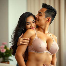 A 39-year-old Indonesian man with pure white skin is gently hugging a beautiful 28-year-old woman from behind, kissing her cheek with affection