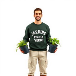 A smiling gardener wearing a dark green sweatshirt that says 'JARDINS - FOLHA VERDE', light cream pants with pockets, and work boots