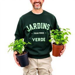 A smiling gardener wearing a dark green sweatshirt that says 'JARDINS - FOLHA VERDE', light cream pants with pockets, and work boots