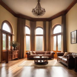 A grand, warm living room with tasteful furniture and decor. Sun rays are entering through the large windows on the well-polished wooden floor.