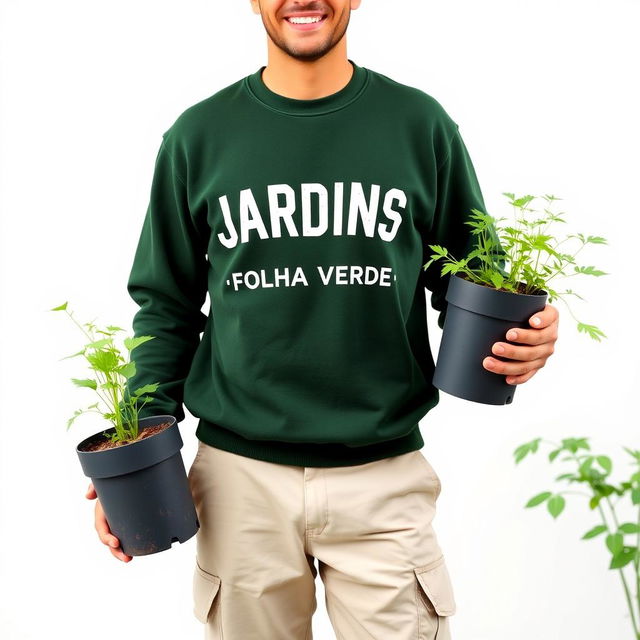 A smiling gardener wearing a dark green sweatshirt that says 'JARDINS - FOLHA VERDE', light cream pants with pockets, and work boots