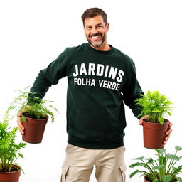 A smiling gardener wearing a dark green sweatshirt that says 'JARDINS - FOLHA VERDE', light cream pants with pockets, and work boots
