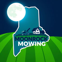 A creative logo design shaped like the state of Maine, featuring a large, luminous moon prominently at the top