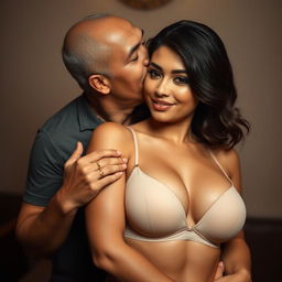 A 39-year-old Indonesian man with pure white skin is tenderly hugging a gorgeous 28-year-old woman from behind while kissing her cheek affectionately