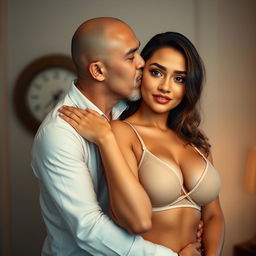 A 39-year-old Indonesian man with pure white skin is tenderly hugging a gorgeous 28-year-old woman from behind while kissing her cheek affectionately