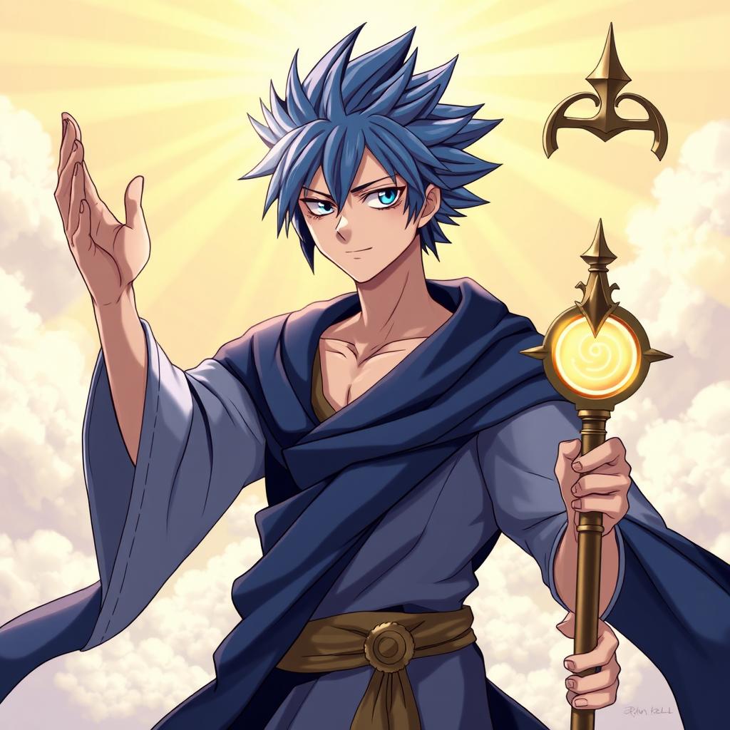 A captivating character design portraying Jellal Fernandez from Fairy Tail, stylized to embody aspects of Jesus Christ