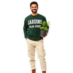 A smiling gardener wearing a dark green sweatshirt that says 'JARDINS - FOLHA VERDE', light cream pants with pockets, and work boots