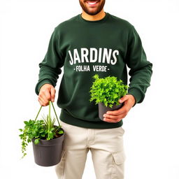 A smiling gardener wearing a dark green sweatshirt that says 'JARDINS - FOLHA VERDE', light cream pants with pockets, and work boots