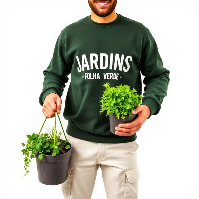 A smiling gardener wearing a dark green sweatshirt that says 'JARDINS - FOLHA VERDE', light cream pants with pockets, and work boots