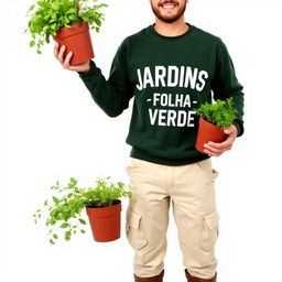 A smiling gardener wearing a dark green sweatshirt that says 'JARDINS - FOLHA VERDE', light cream pants with pockets, and work boots