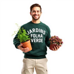 A smiling gardener wearing a dark green sweatshirt that says 'JARDINS - FOLHA VERDE', light cream pants with pockets, and work boots