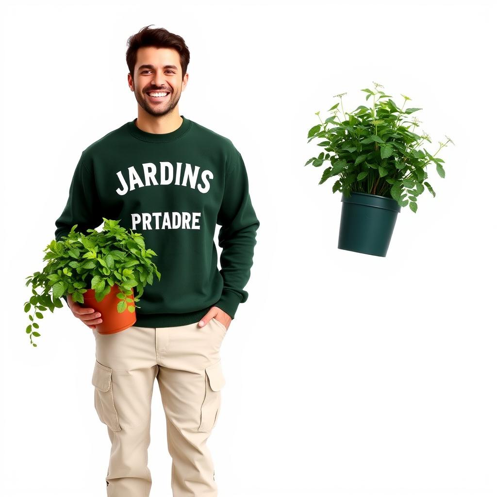 A cheerful gardener dressed in a dark green sweatshirt that features the words 'JARDINS - FOLHA VERDE', paired with light cream pants that have pockets and sturdy work boots