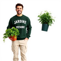 A cheerful gardener dressed in a dark green sweatshirt that features the words 'JARDINS - FOLHA VERDE', paired with light cream pants that have pockets and sturdy work boots